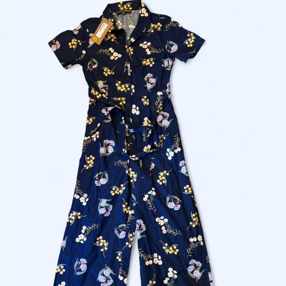 Princess Highway Navy Floral Button-Up Top with Yellow Accents